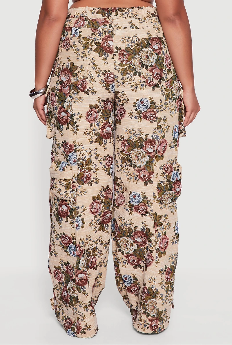 Womens Plus Size Floral Jacquard Wide Leg Utility Pants, Multi, Size 1X