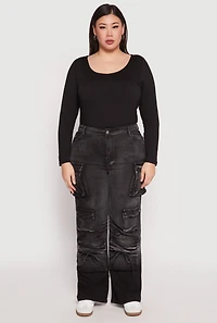 Womens Plus Size Daisy Mineral Wash Tassel Cargo Jeans, Black, Size 2X