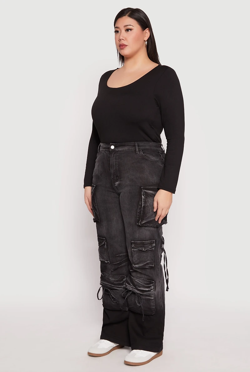 Womens Plus Size Daisy Mineral Wash Tassel Cargo Jeans, Black, Size 3X