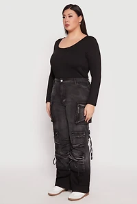 Womens Plus Size Daisy Mineral Wash Tassel Cargo Jeans, Black, Size 3X