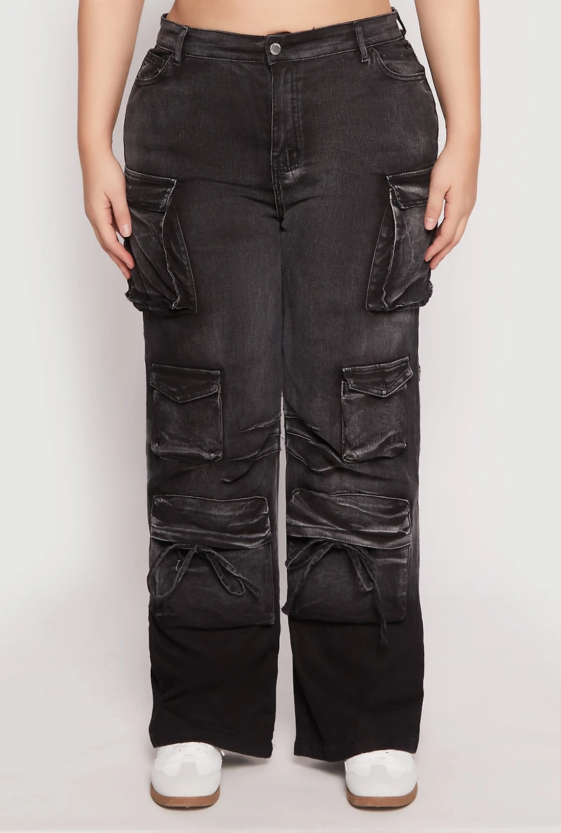 Womens Plus Size Daisy Mineral Wash Tassel Cargo Jeans, Black, Size 3X