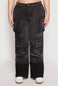 Womens Plus Size Daisy Mineral Wash Tassel Cargo Jeans, Black, Size 3X