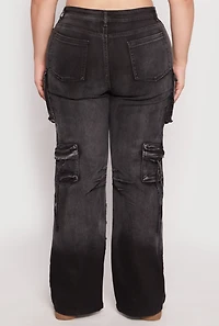Womens Plus Size Daisy Mineral Wash Tassel Cargo Jeans, Black, Size 2X