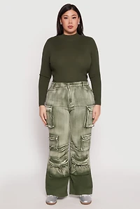 Womens Plus Daisy Mineral Wash Tassel Cargo Jeans, Green,