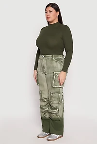 Womens Plus Daisy Mineral Wash Tassel Cargo Jeans, Green,