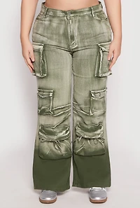 Womens Plus Daisy Mineral Wash Tassel Cargo Jeans, Green,