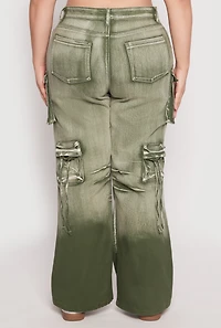 Womens Plus Daisy Mineral Wash Tassel Cargo Jeans, Green,