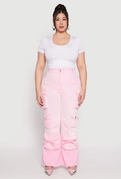 Womens Plus Size Daisy Mineral Wash Tassel Cargo Jeans, Pink, Size 1X