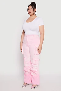 Womens Plus Size Daisy Mineral Wash Tassel Cargo Jeans, Pink, Size 1X