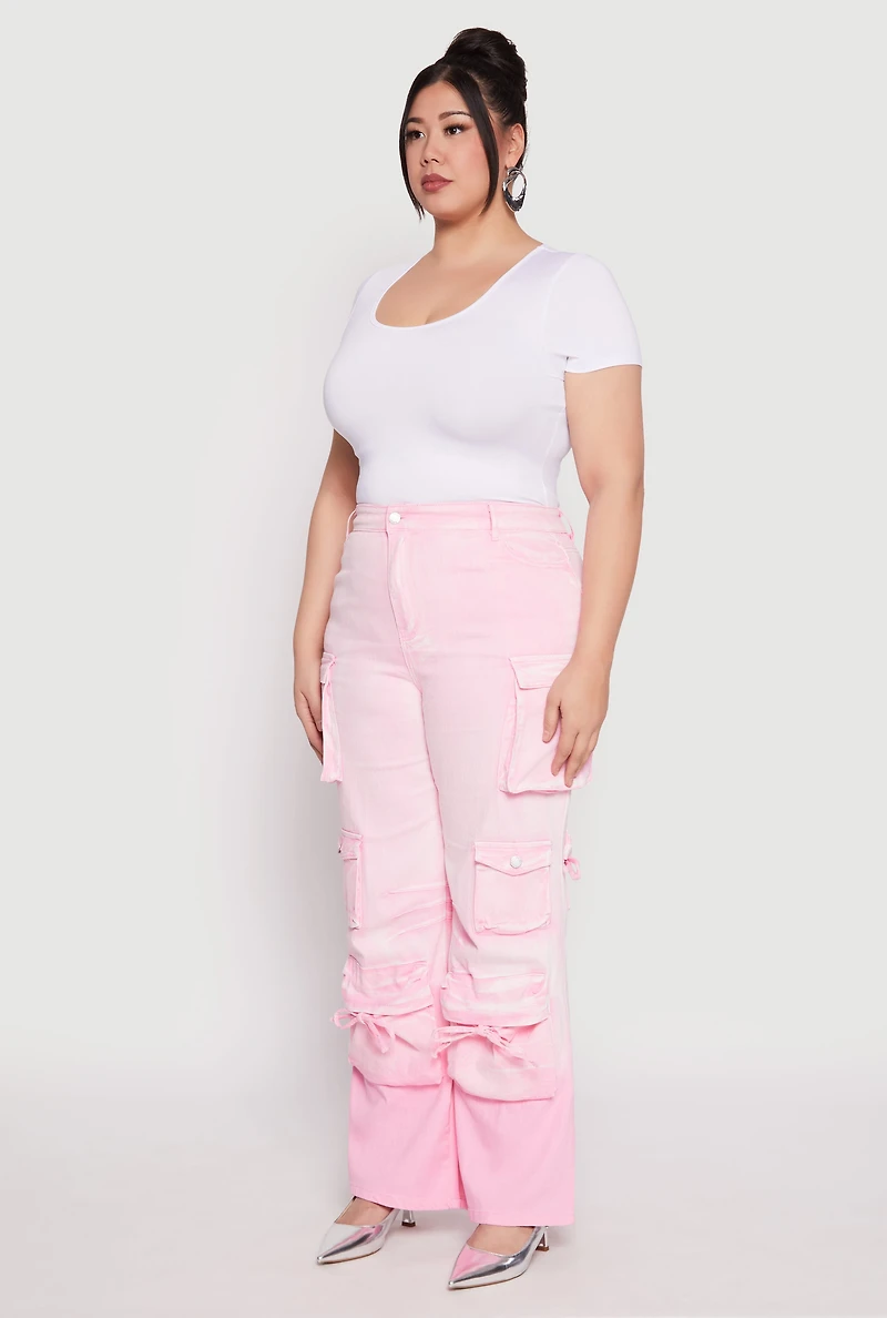 Womens Plus Size Daisy Mineral Wash Tassel Cargo Jeans, Pink, Size 1X