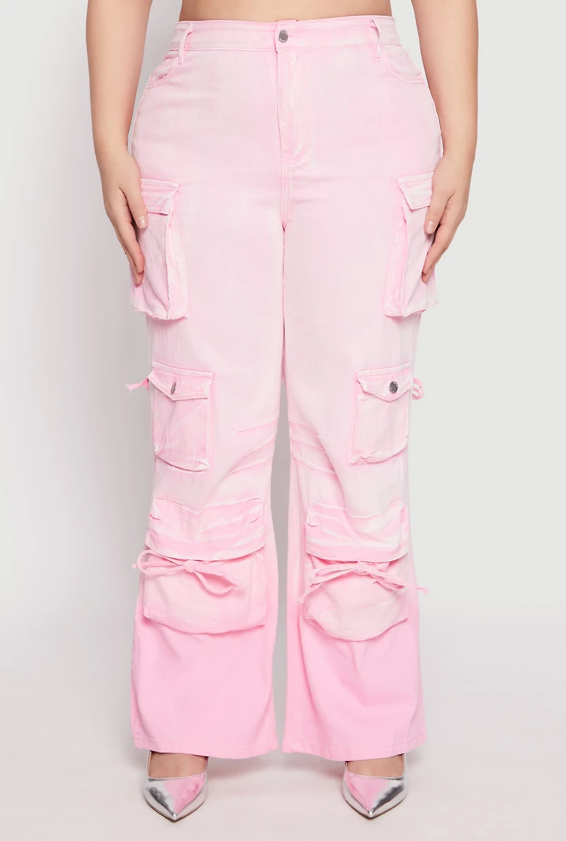 Womens Plus Size Daisy Mineral Wash Tassel Cargo Jeans, Pink, Size 1X