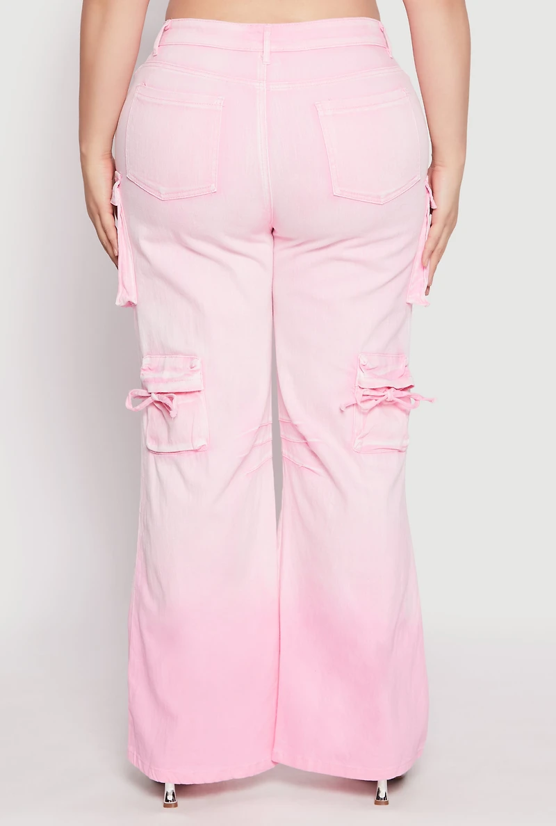 Womens Plus Size Daisy Mineral Wash Tassel Cargo Jeans, Pink, Size 1X