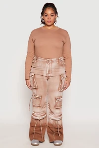 Womens Plus Size Daisy Mineral Wash Tassel Cargo Jeans, Brown, Size 1X