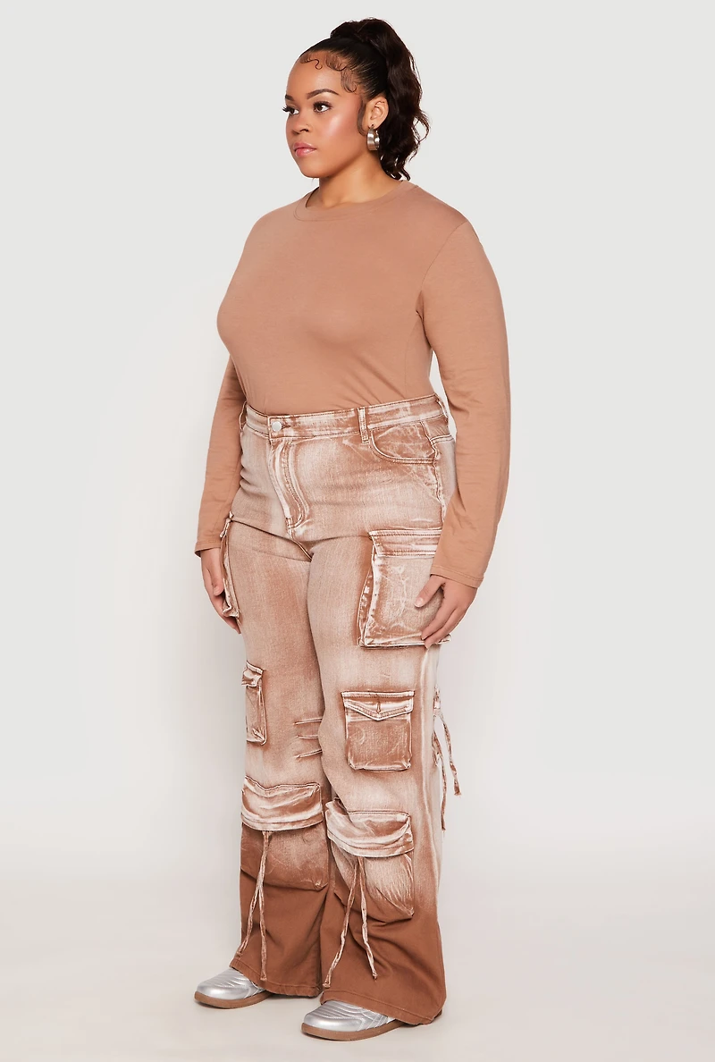Womens Plus Size Daisy Mineral Wash Tassel Cargo Jeans, Brown, Size 1X