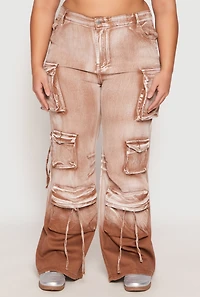 Womens Plus Size Daisy Mineral Wash Tassel Cargo Jeans, Brown, Size 3X
