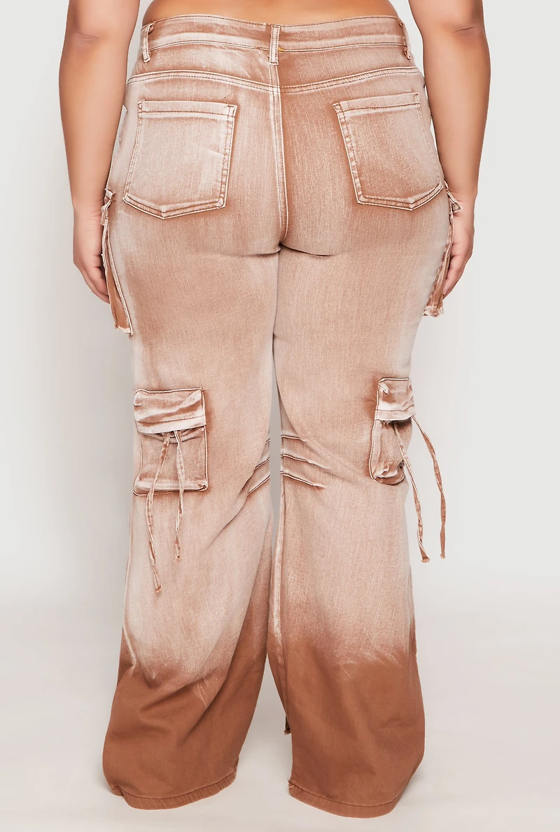 Womens Plus Size Daisy Mineral Wash Tassel Cargo Jeans, Brown, Size 3X