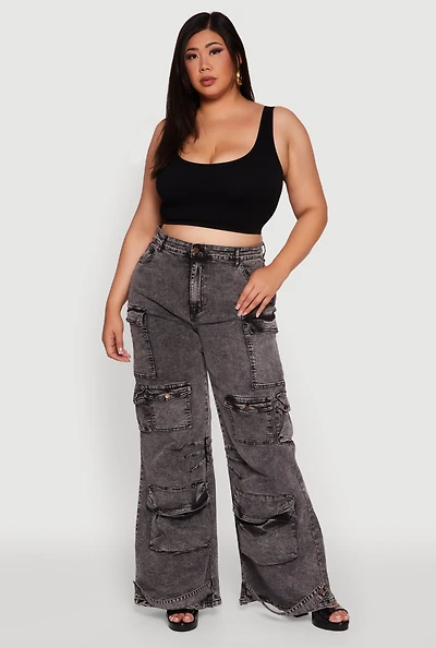 Womens Plus Size Acid Wash High Waisted Wide Leg Utility Jeans, Grey, Size 3X