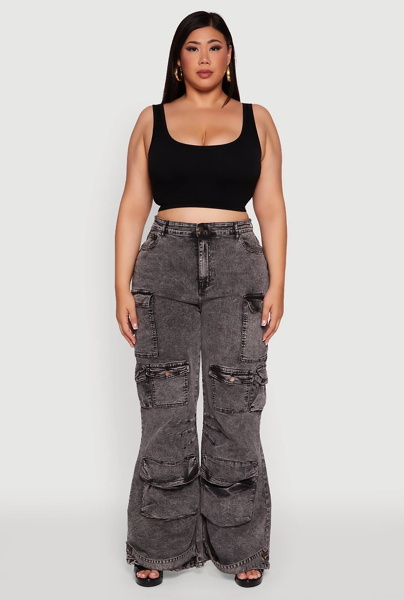 Womens Plus Size Acid Wash High Waisted Wide Leg Utility Jeans, Grey, Size 3X