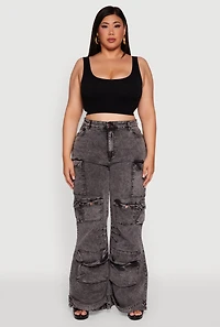 Womens Plus Size Acid Wash High Waisted Wide Leg Utility Jeans, Grey, Size 3X