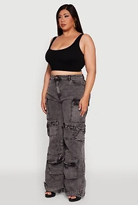 Womens Plus Size Acid Wash High Waisted Wide Leg Utility Jeans, Grey, Size 3X