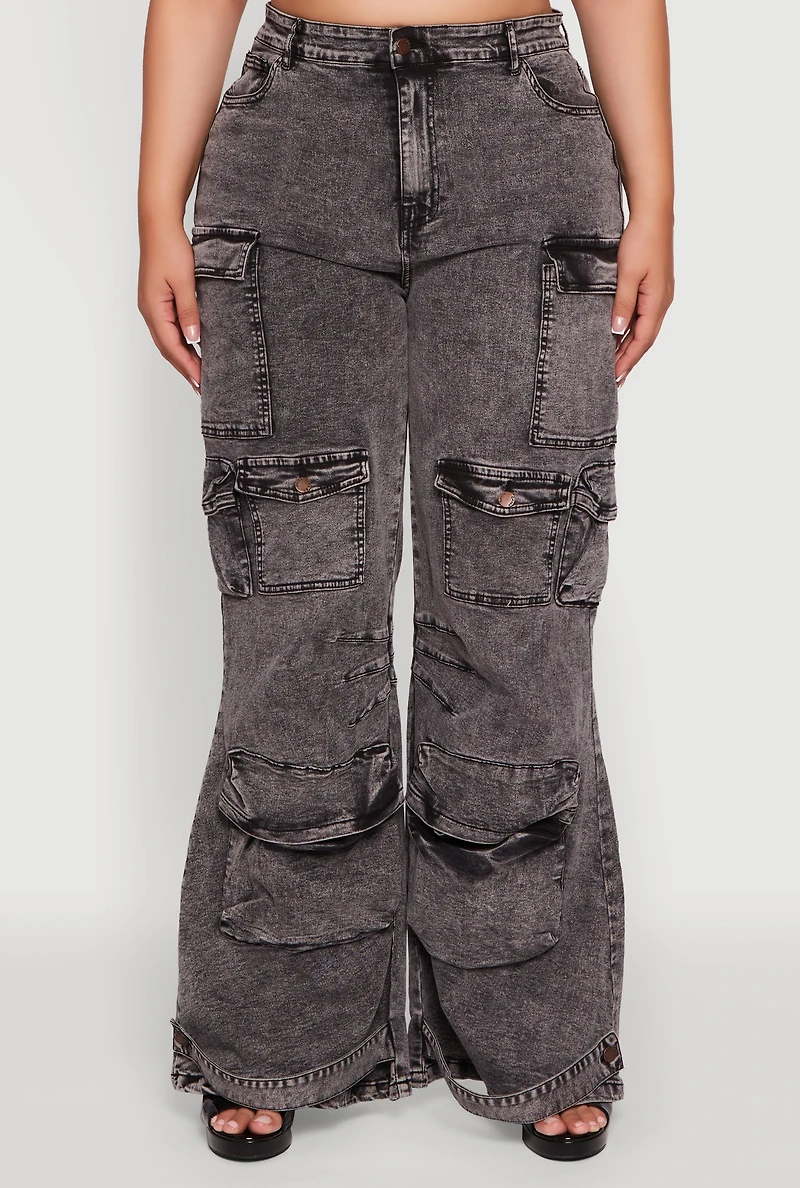 Womens Plus Size Acid Wash High Waisted Wide Leg Utility Jeans, Grey, Size 3X
