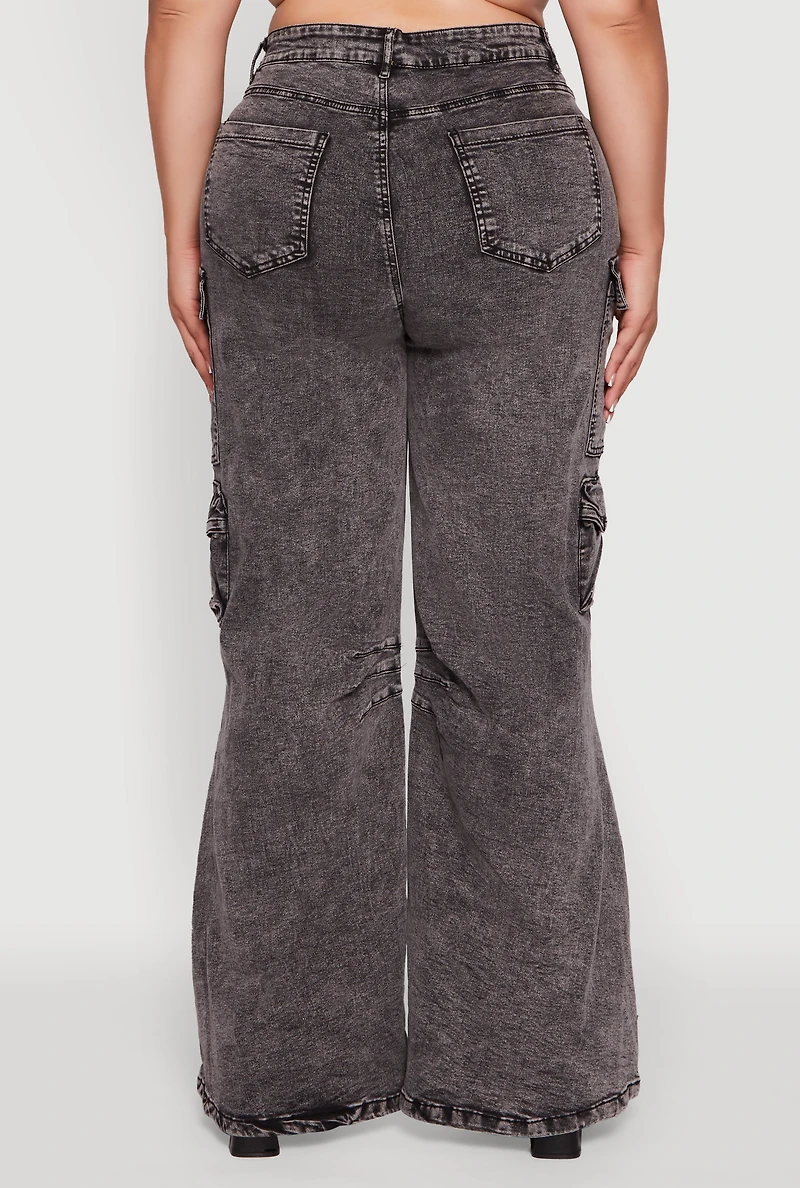 Womens Plus Size Acid Wash High Waisted Wide Leg Utility Jeans, Grey, Size 3X