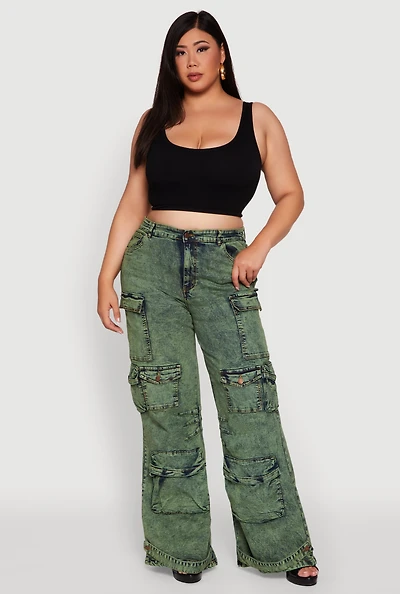 Womens Plus Acid Wash High Waisted Wide Leg Utility Jeans,