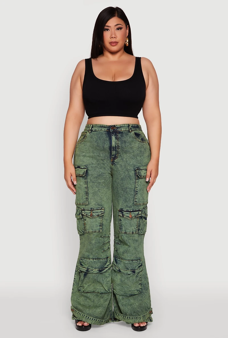 Womens Plus Acid Wash High Waisted Wide Leg Utility Jeans,
