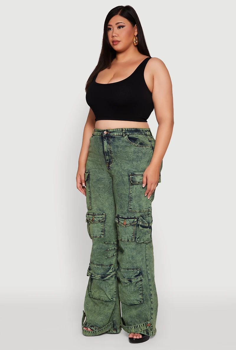 Womens Plus Acid Wash High Waisted Wide Leg Utility Jeans,