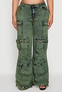 Plus Acid Wash High Waisted Wide Leg Utility Jeans