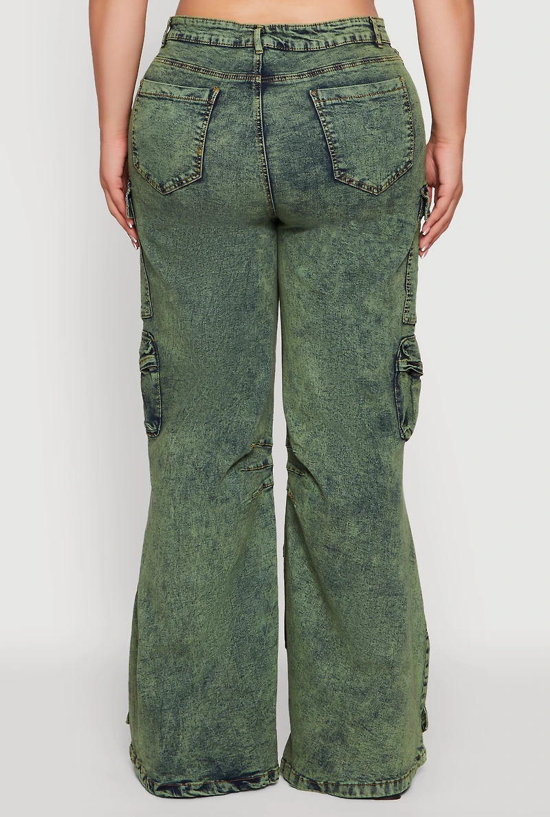 Womens Plus Acid Wash High Waisted Wide Leg Utility Jeans,