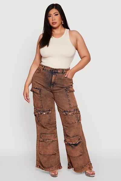 Womens Plus Size Acid Wash High Waisted Wide Leg Utility Jeans, Brown, Size 1X