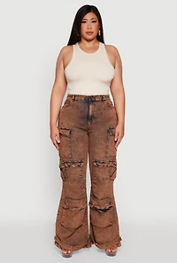 Womens Plus Size Acid Wash High Waisted Wide Leg Utility Jeans, Brown, Size 2X
