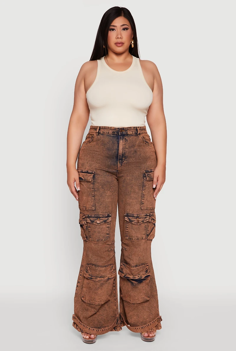 Womens Plus Size Acid Wash High Waisted Wide Leg Utility Jeans, Brown, Size 3X