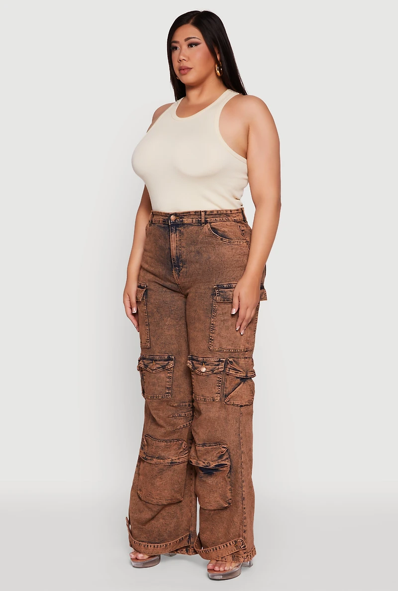 Womens Plus Size Acid Wash High Waisted Wide Leg Utility Jeans, Brown, Size 2X