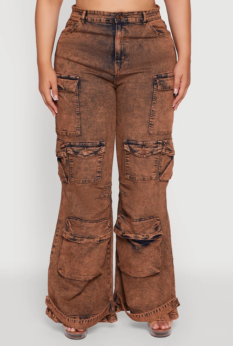 Womens Plus Size Acid Wash High Waisted Wide Leg Utility Jeans, Brown, Size 2X