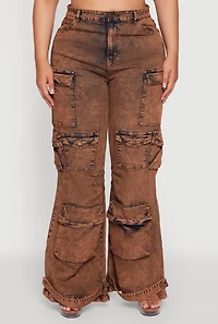 Womens Plus Size Acid Wash High Waisted Wide Leg Utility Jeans, Brown, Size 2X