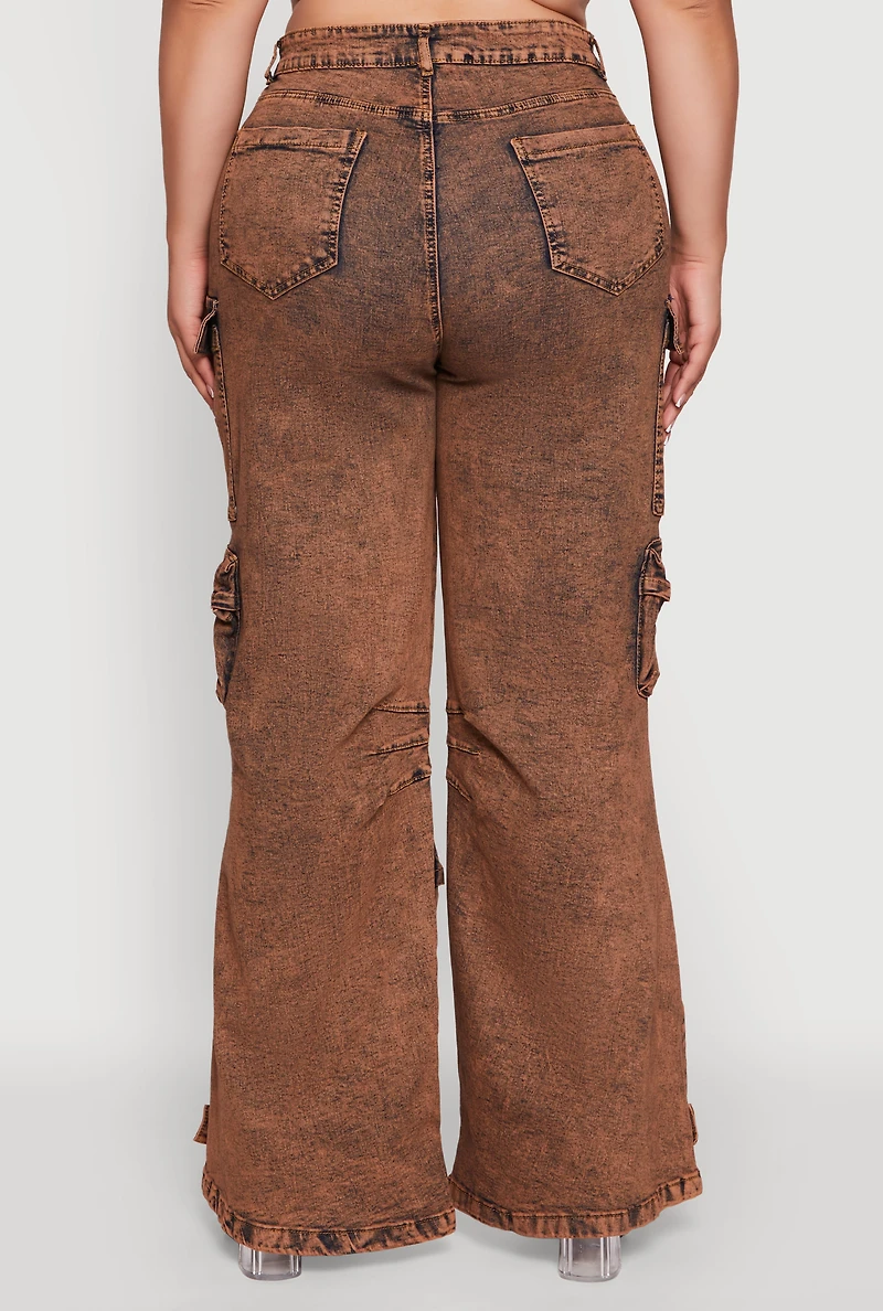 Womens Plus Size Acid Wash High Waisted Wide Leg Utility Jeans, Brown, Size 2X