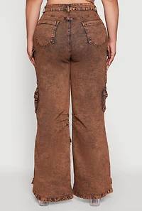 Womens Plus Size Acid Wash High Waisted Wide Leg Utility Jeans, Brown, Size 2X