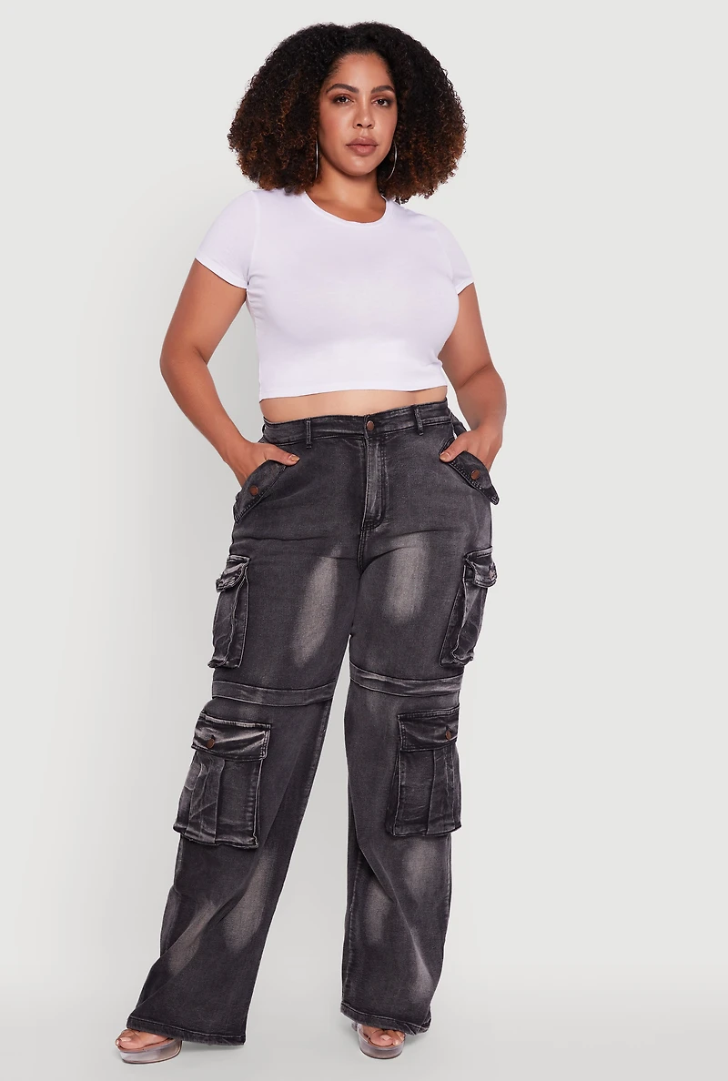 Womens Plus Size Acid Wash Wide Leg Utility Jeans, Grey, Size 1X