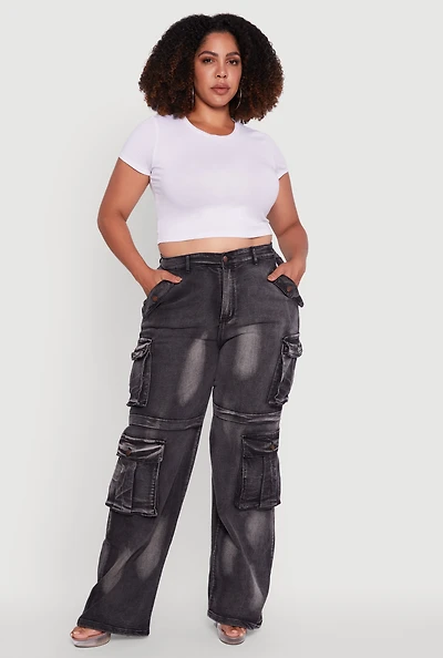 Womens Plus Size Acid Wash Wide Leg Utility Jeans, Grey, Size 1X
