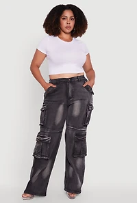 Womens Plus Size Acid Wash Wide Leg Utility Jeans, Grey, Size 1X