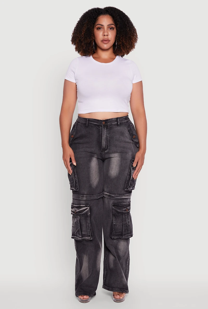 Plus Acid Wash Wide Leg Utility Jeans