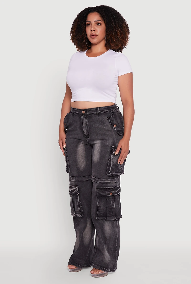 Womens Plus Size Acid Wash Wide Leg Utility Jeans, Grey, Size 1X