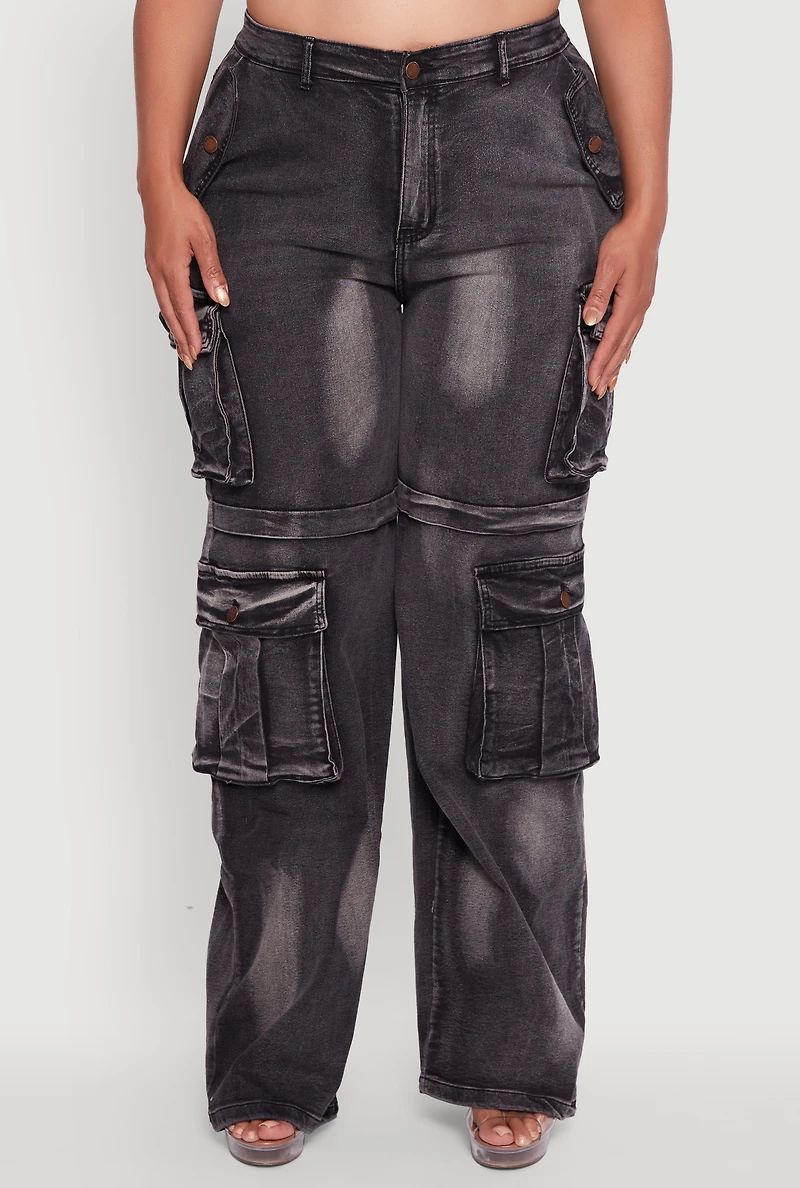 Plus Acid Wash Wide Leg Utility Jeans