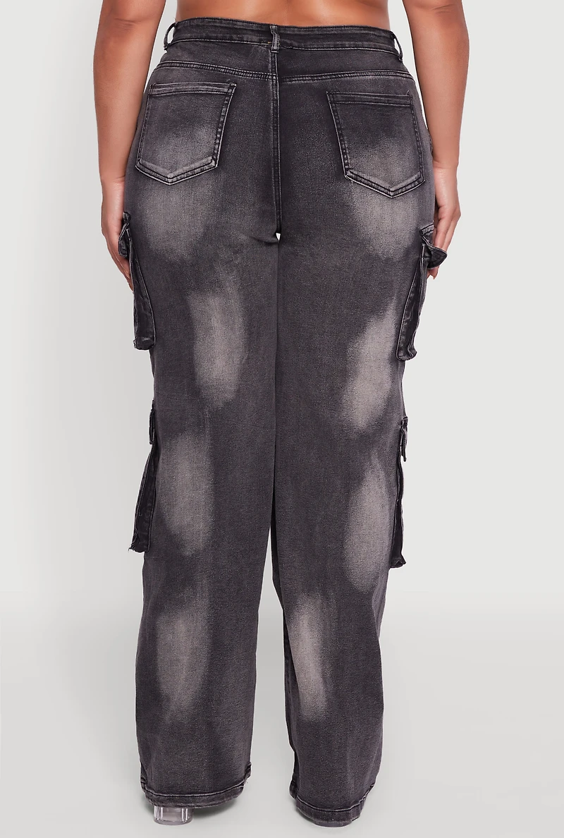 Womens Plus Size Acid Wash Wide Leg Utility Jeans, Grey, Size 1X
