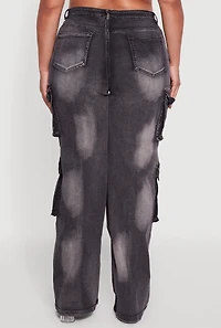 Womens Plus Size Acid Wash Wide Leg Utility Jeans, Grey, Size 1X