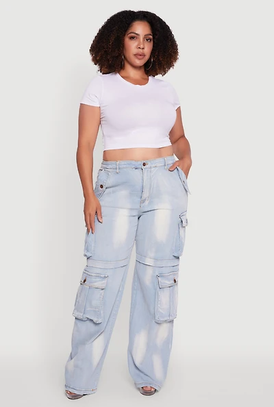 Womens Plus Acid Wash Wide Leg Utility Jeans,