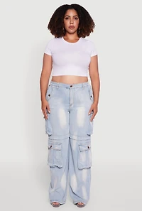 Womens Plus Acid Wash Wide Leg Utility Jeans,