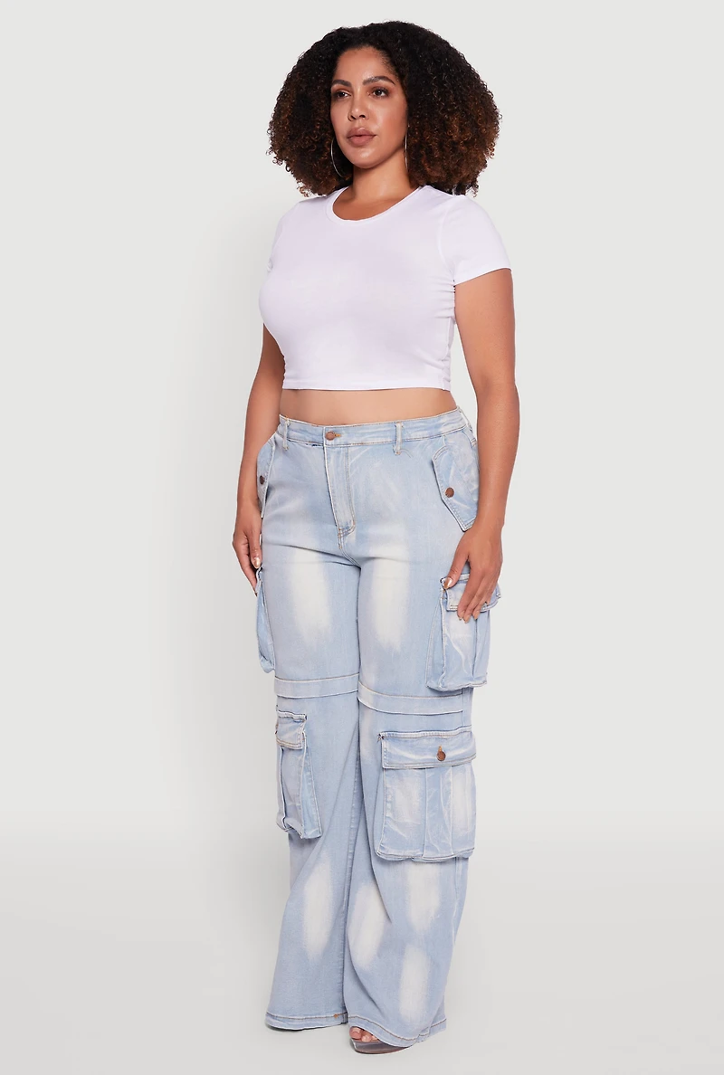 Womens Plus Acid Wash Wide Leg Utility Jeans,
